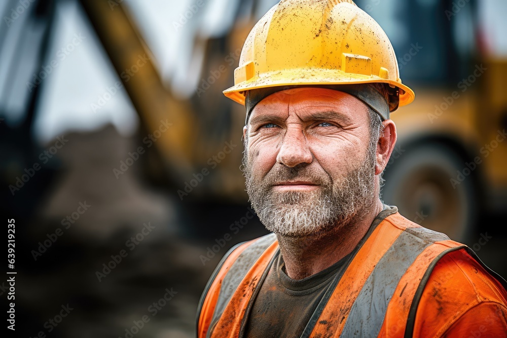 Construction worker with earth digger in the background. Photo generative AI Construction worker with earth digger in the background. Photo generative AI