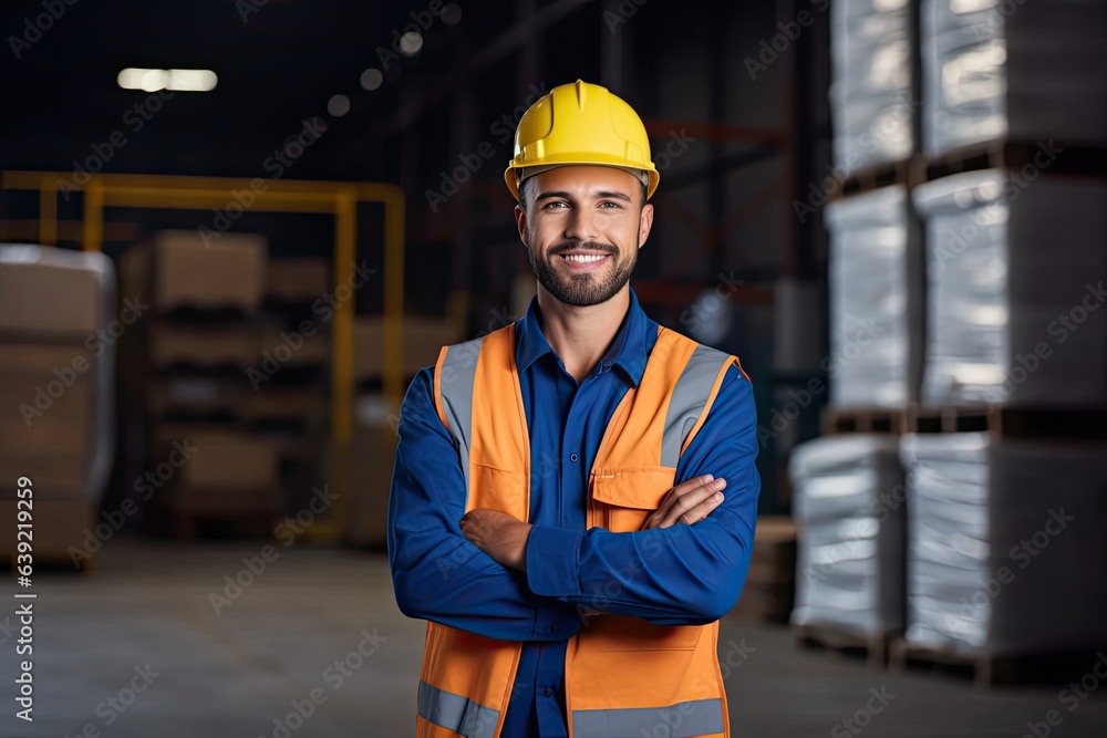 Smiling construction worker poses at warehouse entrance. Photo generative AI Smiling construction worker poses at warehouse entrance. Photo generative AI