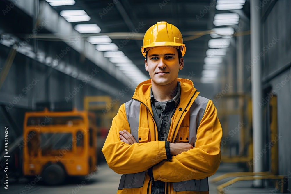 Warehouse worker in yellow helmet and reflective clothing posing in large shipping facility. Photo generative AI Warehouse worker in yellow helmet and reflective clothing posing in large shipping facility. Photo generative AI