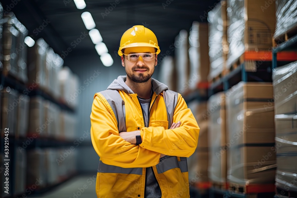 Warehouse worker in yellow helmet and reflective clothing posing in large shipping facility. Photo generative AI Warehouse worker in yellow helmet and reflective clothing posing in large shipping facility. Photo generative AI