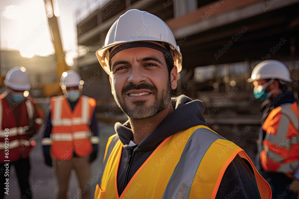 Happy construction worker at building site wearing facemask, with group of workers in background. Photo generative AI Happy construction worker at building site wearing facemask, with group of workers in background. Photo generative AI