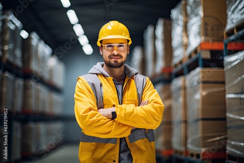 Warehouse worker in yellow helmet and reflective clothing posing in large shipping facility. Photo generative AI © pixardi