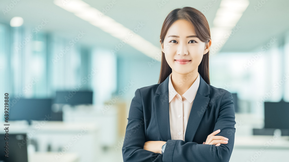Portrait of young experienced asian businesswoman boss, female worker looking at camera with crossed arms inside office building.