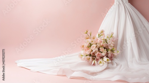 wedding dress and flowers bouquet on pink background