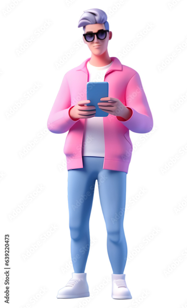 3d illustration of cute cartoon guy with smartphone isolated on transparent background