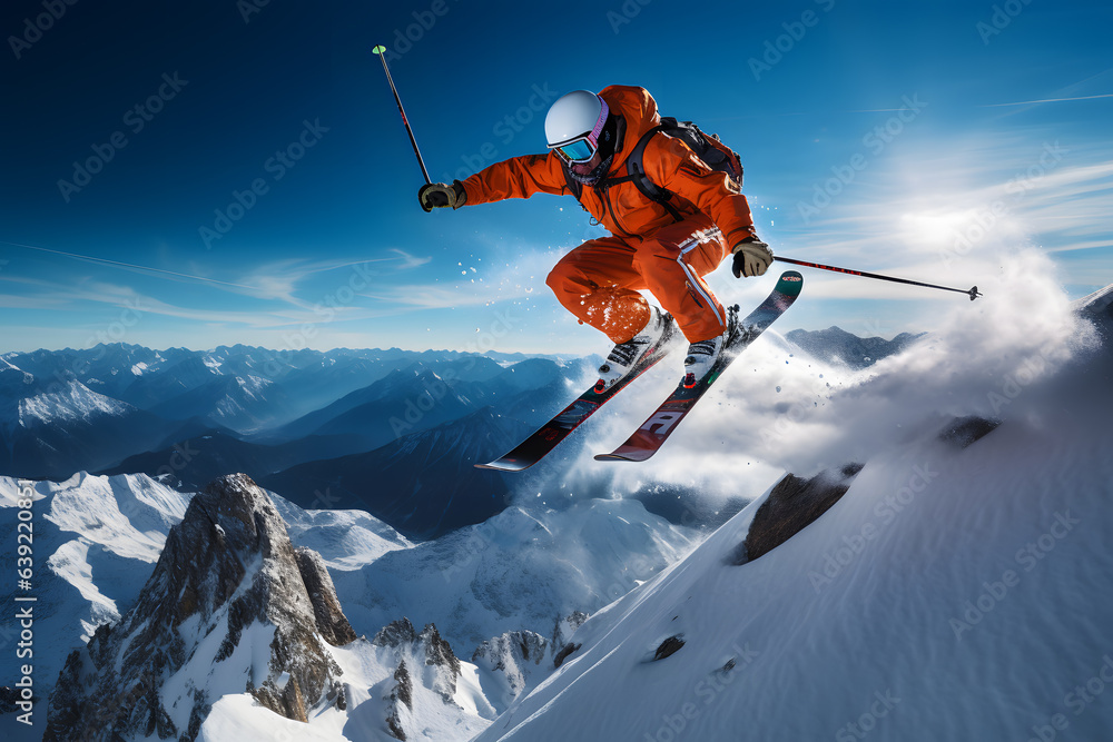 Skier Soaring Leap against Mountain Backdrop ai generated art