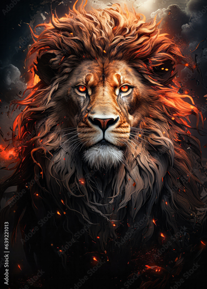 portrait of a lion with flame fire on its mane