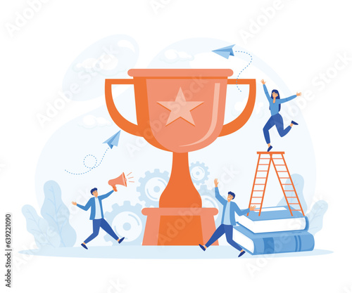Success team concept. people celebrate success with big trophy. flat vector modern illustration