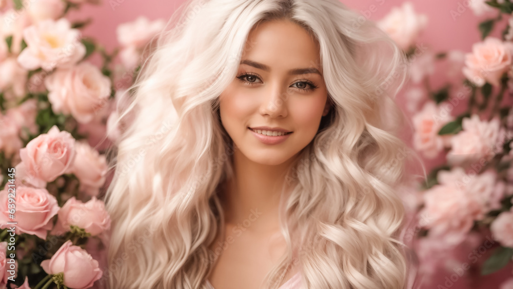 Portrait of a beautiful girl blond long hair, rose flower