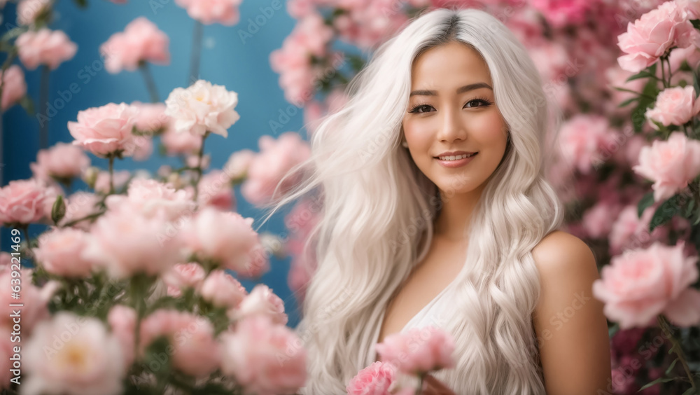 Portrait of a beautiful girl blond long hair, rose flower Portrait of a beautiful girl blond long hair, rose flower