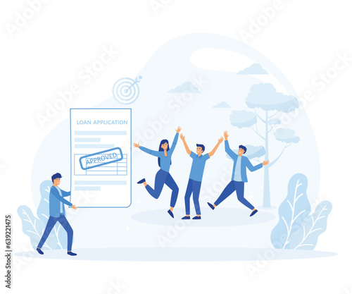 loan approval concept. man holds loan approval application paper and the other jumping behind with happy. flat vector modern illustration 