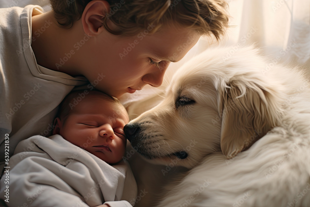 Baby falls asleep with the dog in an environment of peace and love. Baby falls asleep with the dog in an environment of peace and love.
