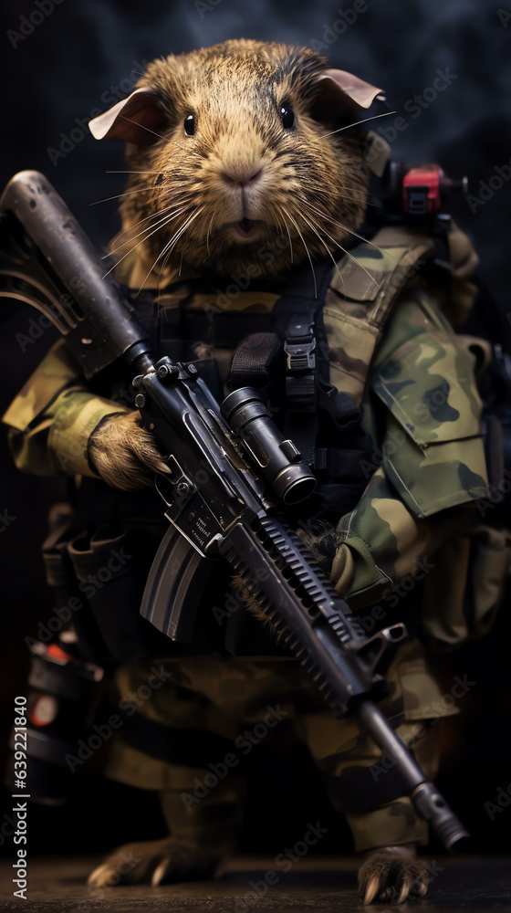 Fototapeta premium Guinea pig animal soldier with rifle. Generative AI