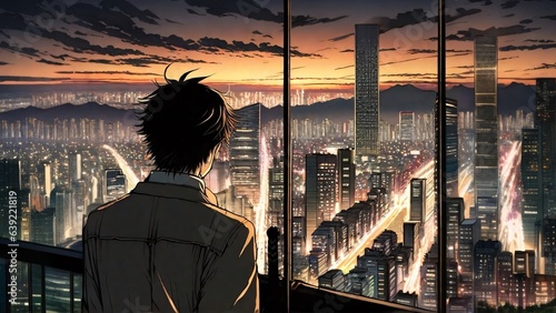 A man looking at the skyline of a metropolitan city, manga art.