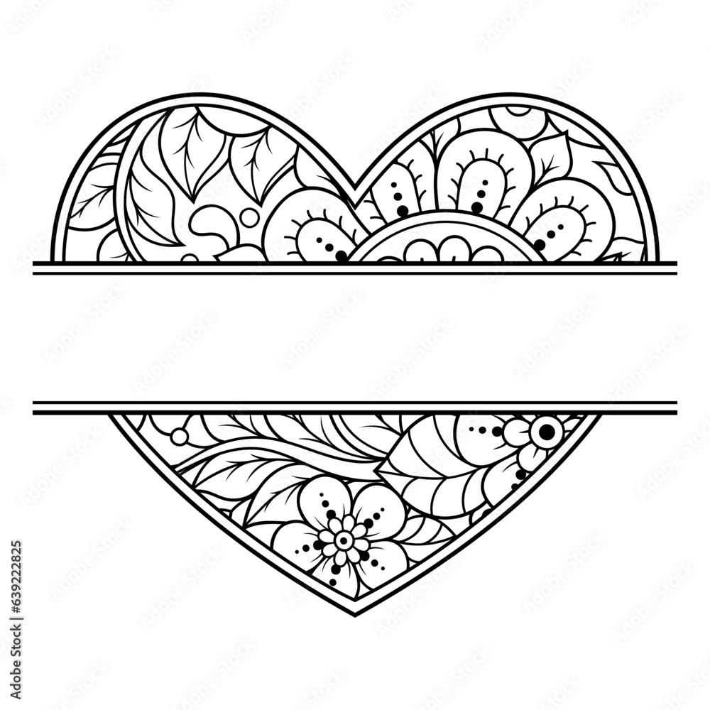 Frame in eastern tradition. Stylized with henna tattoos decorative pattern for decorating covers for book, notebook, casket, magazine, postcard and folder. Flower Heart in mehndi style. Frame in eastern tradition. Stylized with henna tattoos decorative pattern for decorating covers for book, notebook, casket, magazine, postcard and folder. Flower Heart in mehndi style.