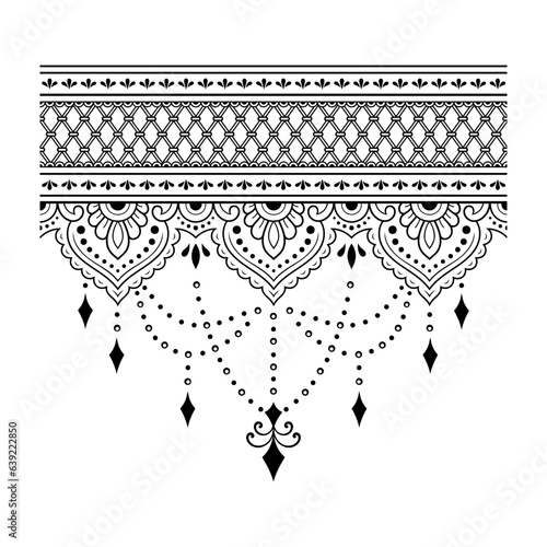 Borders with flower for design, application of henna, Mehndi and tattoo. Decorative pattern in ethnic oriental, Indian style. Doodle ornament. Outline hand draw vector illustration.