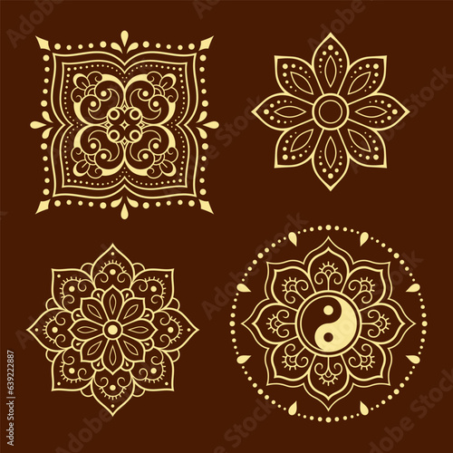 Set of circular pattern in form of mandala with flower, yin-yang symbol for Henna, Mehndi, decoration. Decorative ornament in ethnic oriental style. Outline doodle hand draw vector illustration.