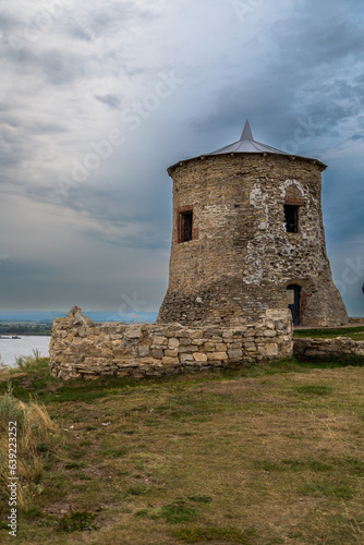 One of the towers of the ancient fortress of the ancient Bulgarian Yelabuga settlement and view of the city in the Republic of Tatarstan, Russia