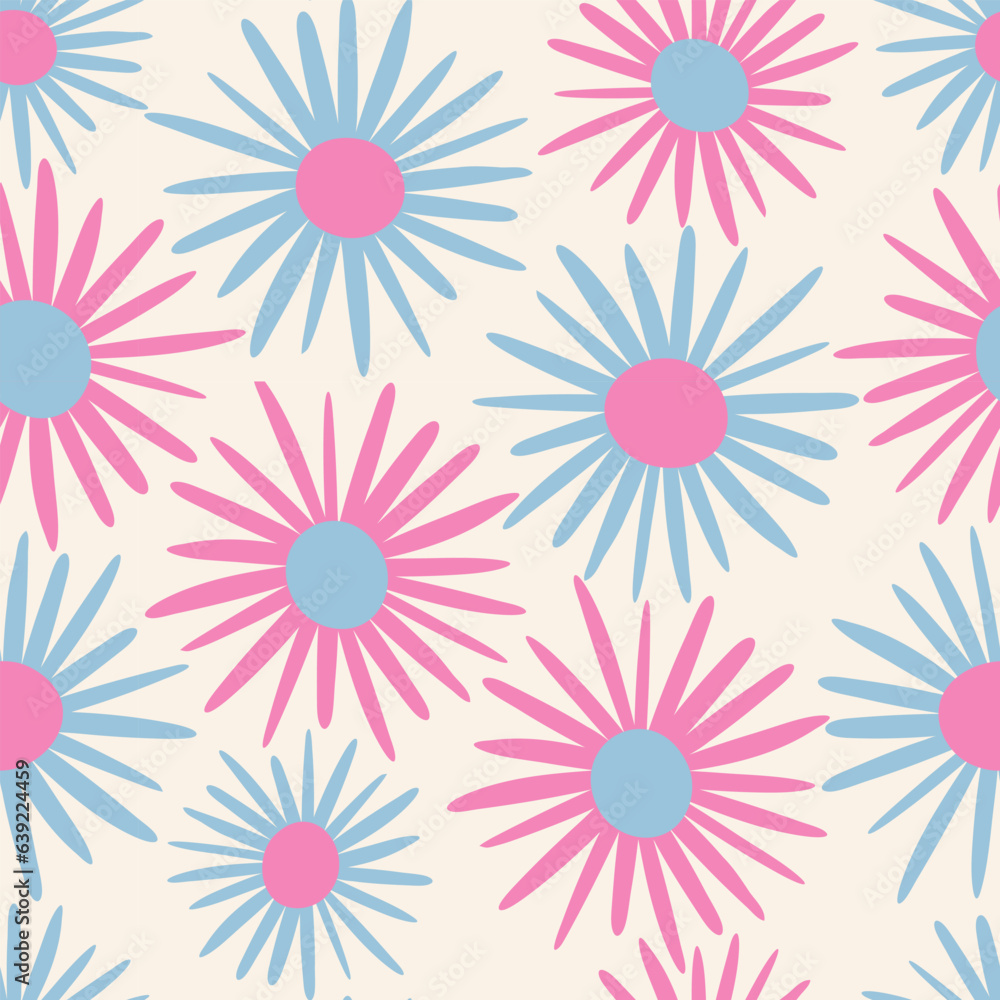 Groovy floral seamless pattern. Naive hand drawn daisy or chamomile. Pastel pink and blue flowers background. Cool funky design for fabric, textile, package, wrapping paper. print, card