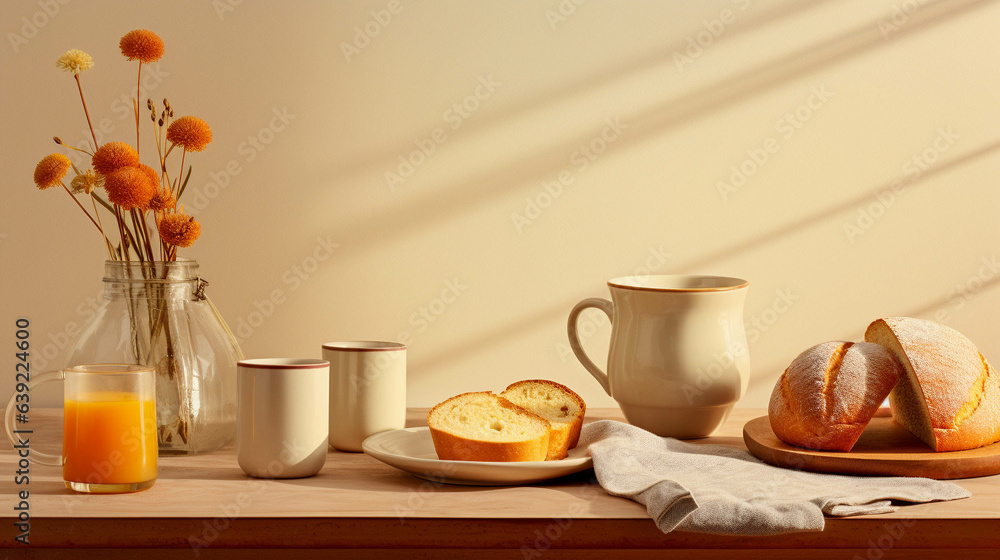 Breakfast With Bread, Coffee And Orange Juice. Sweet Brunch In A Cosy Kitchen For Delicious Morning. Generative AI Breakfast With Bread, Coffee And Orange Juice. Sweet Brunch In A Cosy Kitchen For Delicious Morning. Generative AI