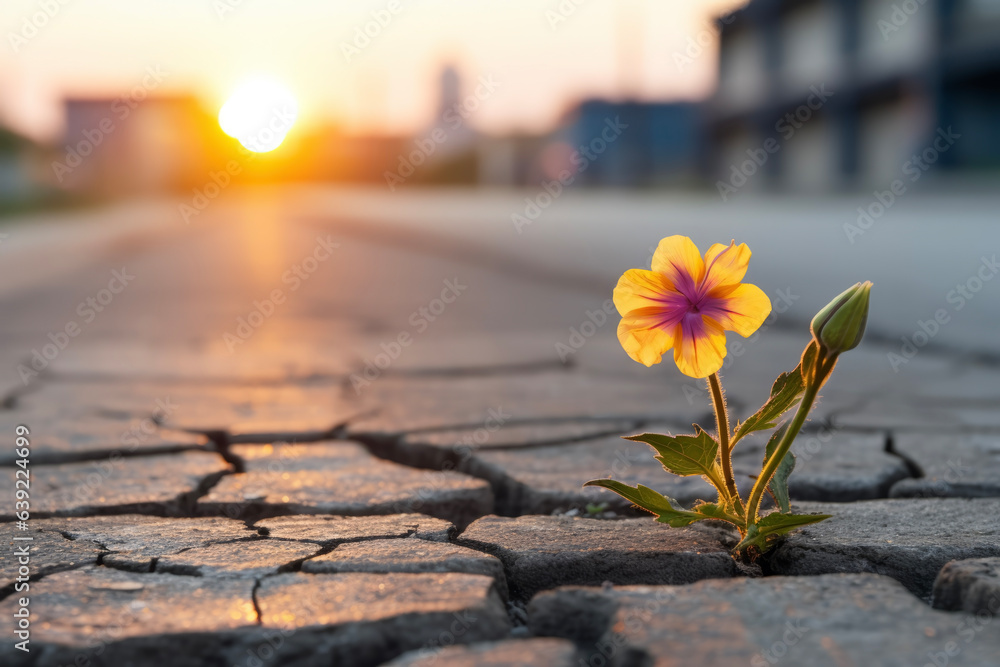 A small flower growing on a cracked asphalt road glistens in the light ...