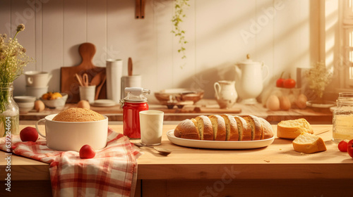 Breakfast In A Cosy Kitchen With Warm Colors. Sweet Brunch With Bread For Delicious Morning. Generative AI