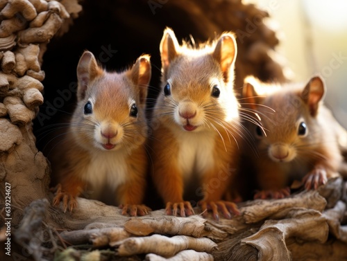 Squirrel family, dressed, peeking out from the tree house, smiling, beckoning © Dushan
