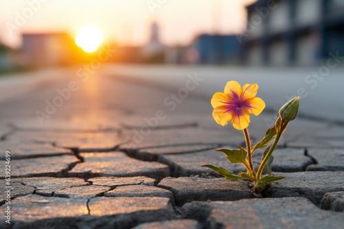 Fototapeta A small flower growing on a cracked asphalt road glistens in the light of the setting sun