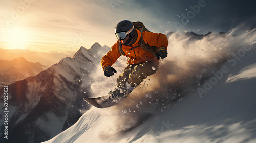extreme snowboarder in mountains 