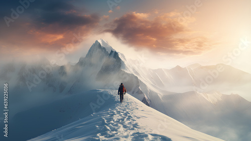hiker walking down on mountain peak during sunrise.