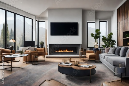 a contemporary living room with an open-concept layout and minimalist fireplace