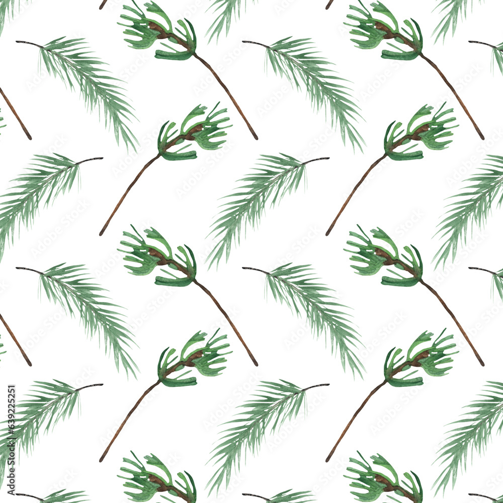 Christmas watercolor horizontal seamless pattern with fir.Winter pattern