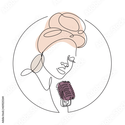 Young African woman singing in a retro microphone. Vector illustration. Continuous one-line drawing.
