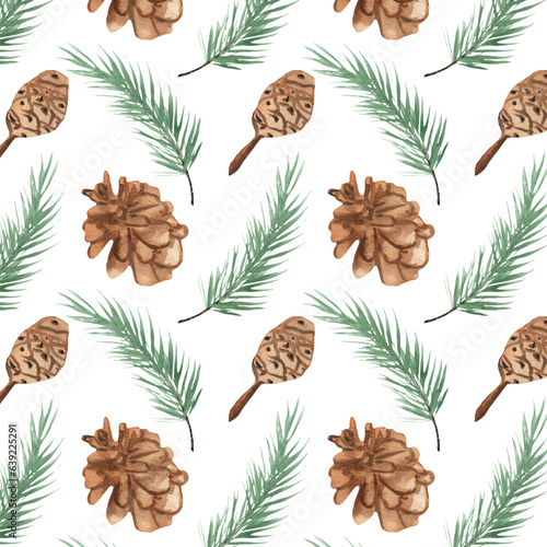 Christmas watercolor horizontal seamless pattern with fir and pine cones.Winter pattern