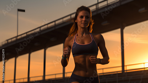 young beautiful woman running on bridge at sunset.