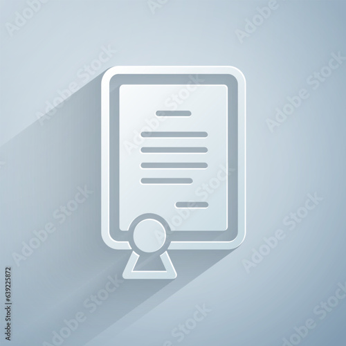 Paper cut Certificate template icon isolated on grey background. Achievement, award, degree, grant, diploma concepts. Paper art style. Vector