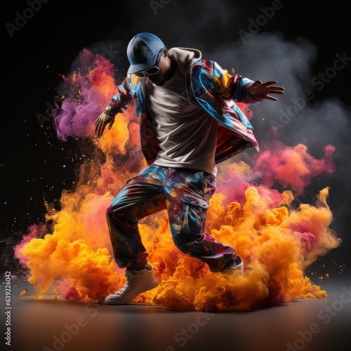 A hip hop dancer dancing, krump dance moves, traling colourful smoke and electricity sparking from his body, dramatic multi coloured lighting, photo realistic photo