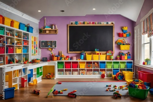 a playroom for kids with a chalkboard wall, colorful storage bins, and interactive toys