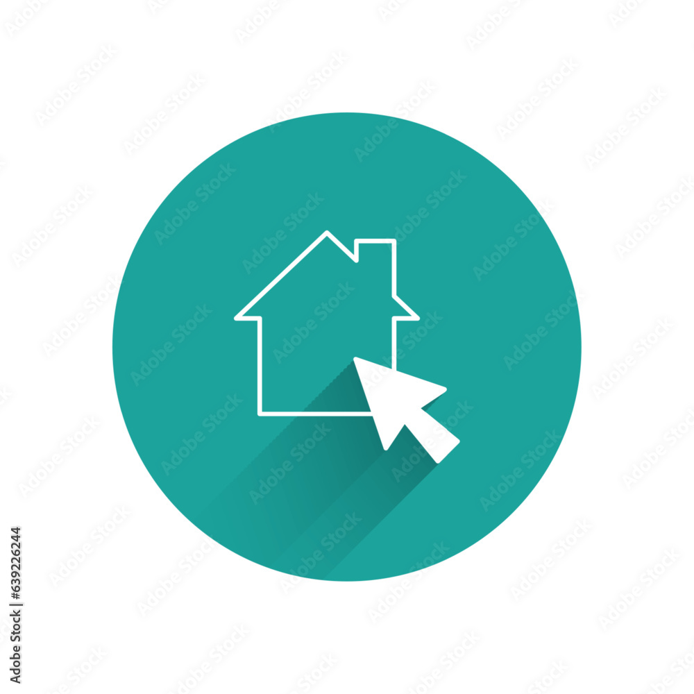 White Online working icon isolated with long shadow. Freelancer man working on laptop at his house. Remote work. Distant job concept. Green circle button. Vector White Online working icon isolated with long shadow. Freelancer man working on laptop at his house. Remote work. Distant job concept. Green circle button. Vector