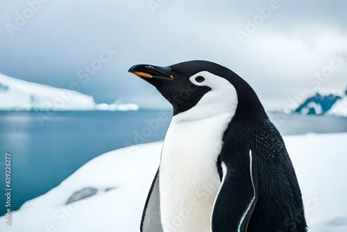 Close-up portrait of Adelie Penguin head looking aside  in Antarctica with ice and snow white background 