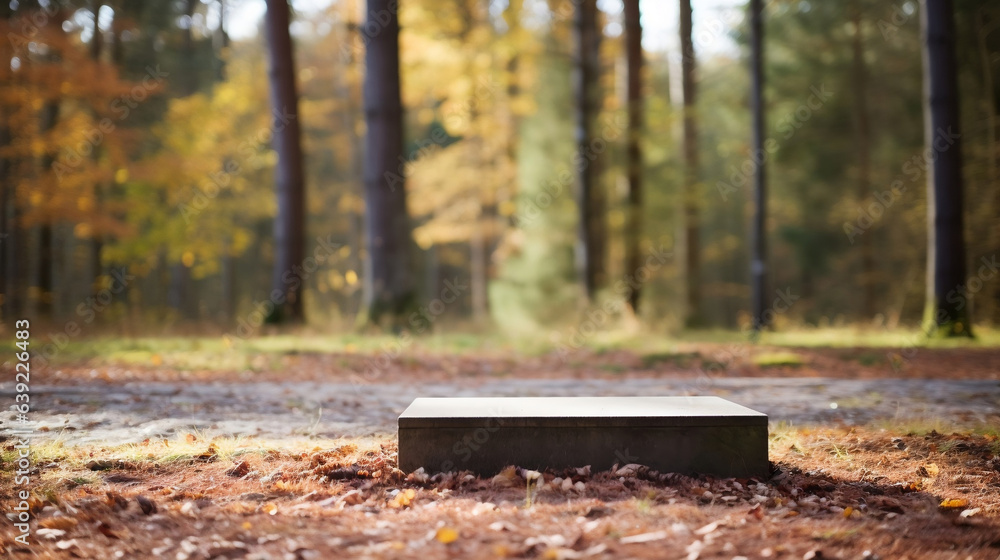 wooden podium for cosmetics or beauty product promotion mockup on forest background. Natural wood step pedestal. Copy space nature background. generative ai wooden podium for cosmetics or beauty product promotion mockup on forest background. Natural wood step pedestal. Copy space nature background. generative ai