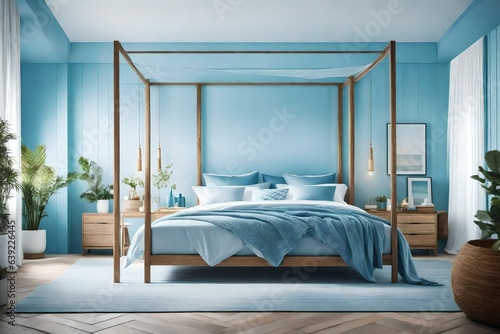 a coastal-inspired bedroom with a canopy bed and soft blue hues © Wardx