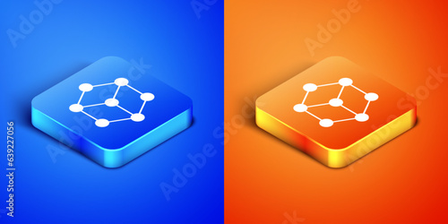 Isometric Molecule icon isolated on blue and orange background. Structure of molecules in chemistry, science teachers innovative educational poster. Square button. Vector