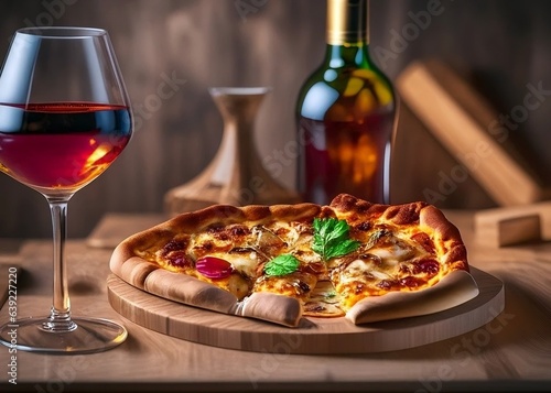 Pizza, a glass of wine, and a wine bottle with a blurred background