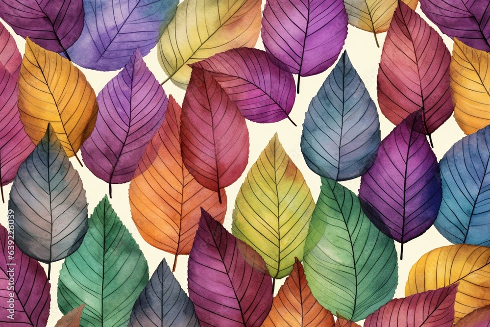 Seamless pattern of watercolor leaves. Detailed 2D artwork. Generative AI