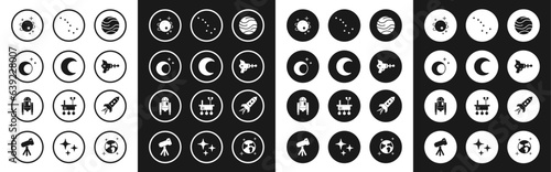 Set Planet, Moon and stars, Ray gun, Great Bear constellation, Rocket ship with fire and Robot icon. Vector