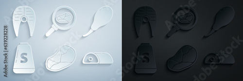 Set Steak meat, Chicken leg, Salt, Meat, in frying pan and Fish steak icon. Vector