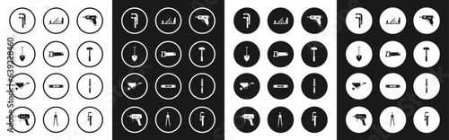 Set Electric hot glue gun, Hand saw, Shovel, Clamp tool, Hammer, Wood plane, Chisel for wood and Wheelbarrow icon. Vector