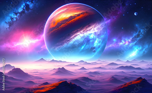Alien planet landscape, 3d illustration of imaginary, fictional another planet background.