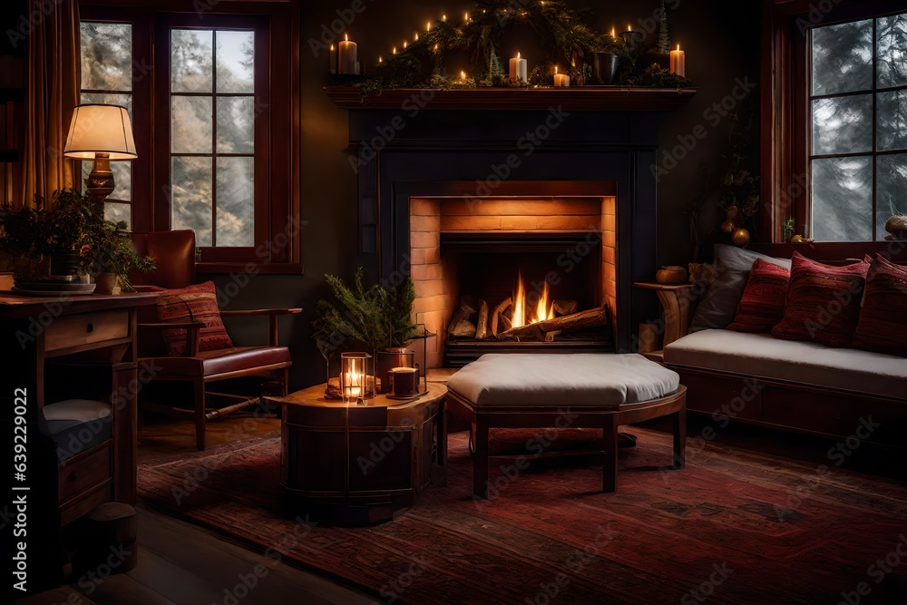 a cozy fireplace nook with a built-in bench, plush cushions, and warm textiles